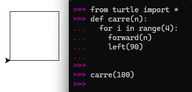 fenêtre turtle à gauche, code à droite. démo de l'énoncé précédent.